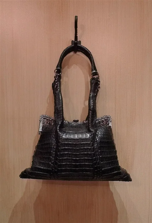 Luxury Bags For Professionals With Discounts Clara Kasavina Black Crocodile Purse with Crystal Mesh and Frame Luxury Bags For Professionals With Discounts Clara Kasavina Black Crocodile Purse with Crystal Mesh and Frame