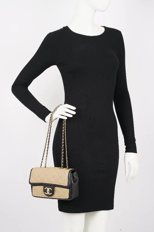 Discounted Designer Bags For Clearance Events Chanel Womens Graphic Flap Bag Beige / Black Leather Small